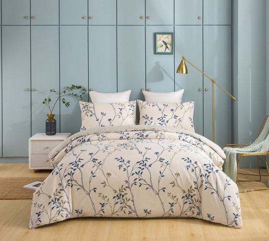Poplin Cotton Elegant Leaf Vine Cream Beige Duvet Cover - Quahog Bay Bedding