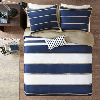 V Berth Boat Bedding - Duvet Cover Set Navy Khaki Stripe 4PC Boat Bedding - Quahog Bay Bedding