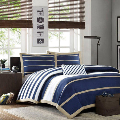 V Berth Boat Bedding - Duvet Cover Set Navy Khaki Stripe 4PC Boat Bedding - Quahog Bay Bedding