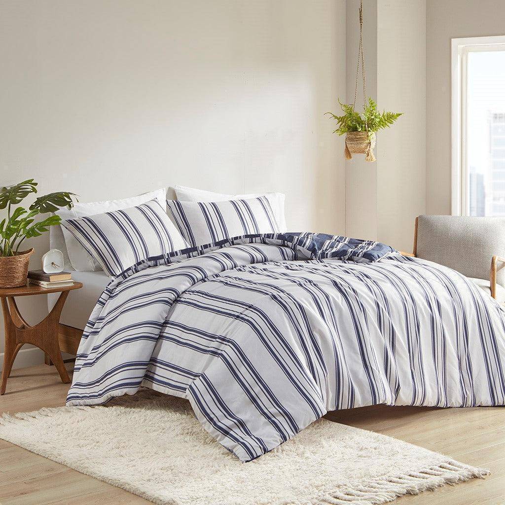 V Berth Boat Bedding - Duvet Covet Set Navy Stripe Reversible 3PC Boat Bedding - Quahog Bay Bedding