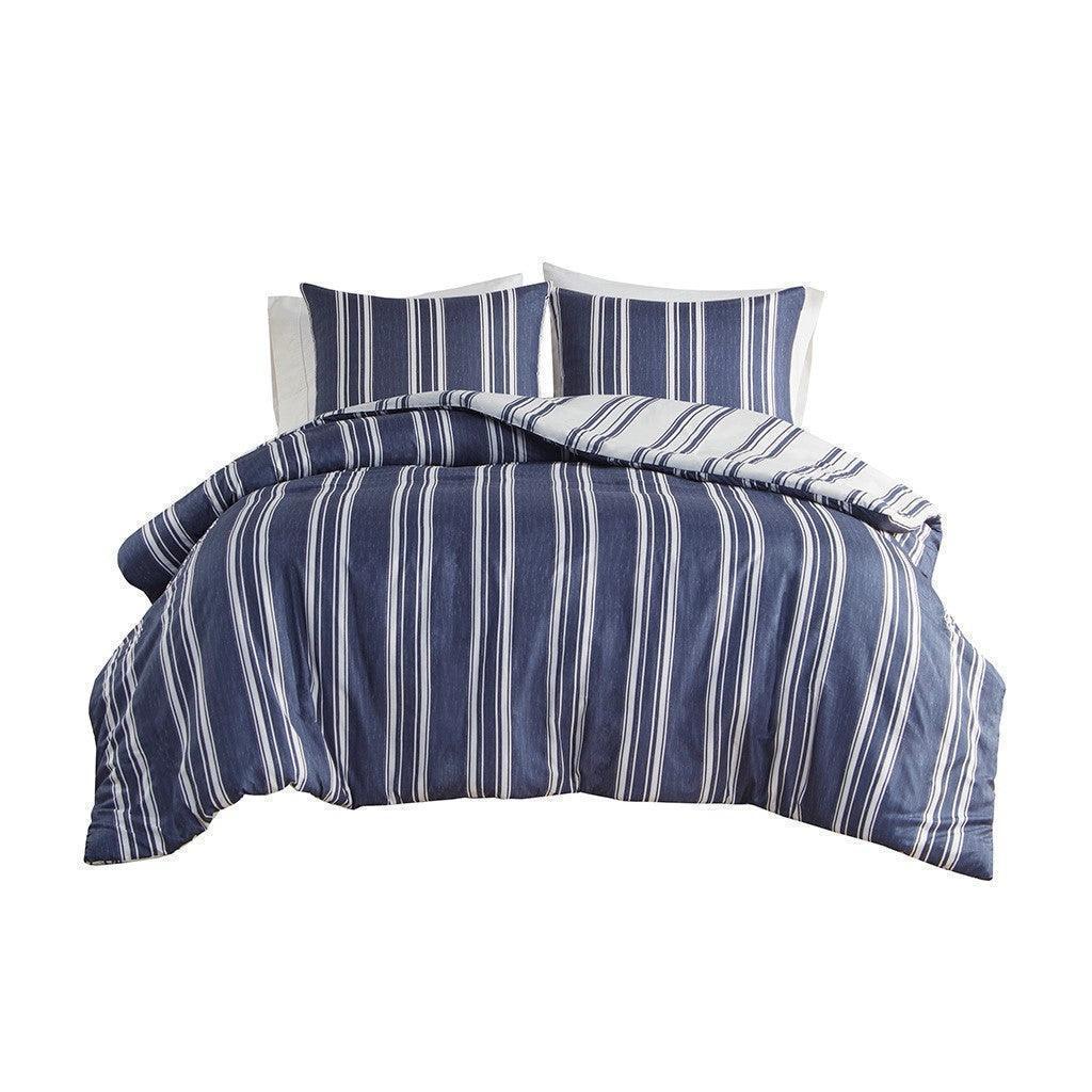 V Berth Boat Bedding - Duvet Covet Set Navy Stripe Reversible 3PC Boat Bedding - Quahog Bay Bedding