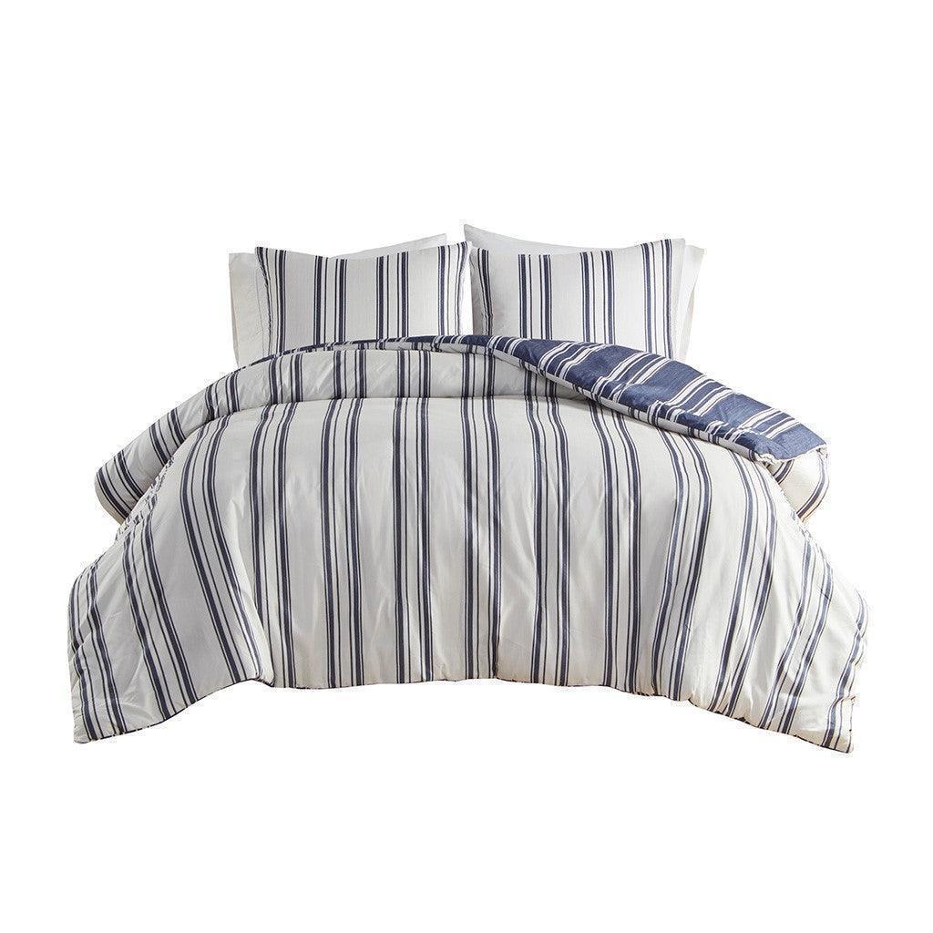 V Berth Boat Bedding - Duvet Covet Set Navy Stripe Reversible 3PC Boat Bedding - Quahog Bay Bedding