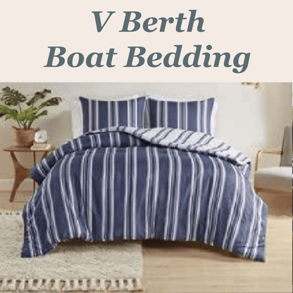 V Berth Boat Bedding - Duvet Covet Set Navy Stripe Reversible 3PC Boat Bedding - Quahog Bay Bedding