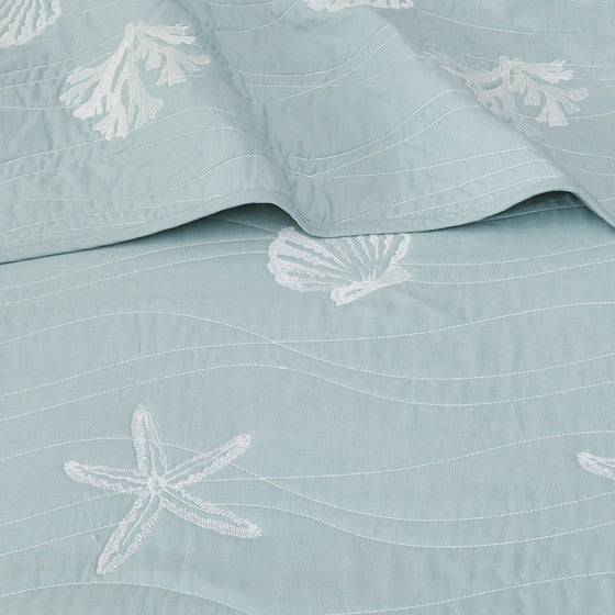 V Berth Boat Bedding - Seaside 4 Piece Cotton Aqua Reversible Embroidered Quilt Set with Throw Pillow - Quahog Bay Bedding