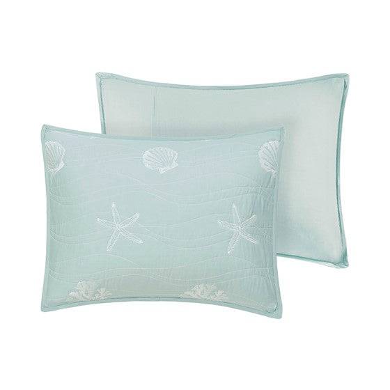 V Berth Boat Bedding - Seaside 4 Piece Cotton Aqua Reversible Embroidered Quilt Set with Throw Pillow - Quahog Bay Bedding