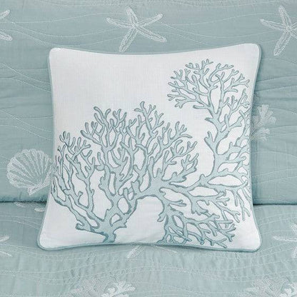 V Berth Boat Bedding - Seaside 4 Piece Cotton Aqua Reversible Embroidered Quilt Set with Throw Pillow - Quahog Bay Bedding