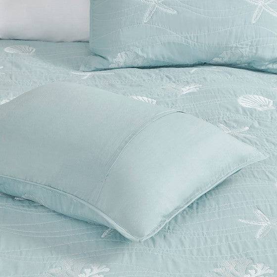 V Berth Boat Bedding - Seaside 4 Piece Cotton Aqua Reversible Embroidered Quilt Set with Throw Pillow - Quahog Bay Bedding