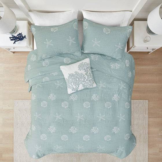 V Berth Boat Bedding - Seaside 4 Piece Cotton Aqua Reversible Embroidered Quilt Set with Throw Pillow - Quahog Bay Bedding