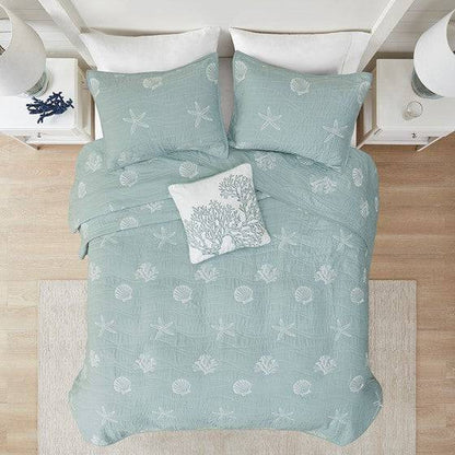 V Berth Boat Bedding - Seaside 4 Piece Cotton Aqua Reversible Embroidered Quilt Set with Throw Pillow - Quahog Bay Bedding