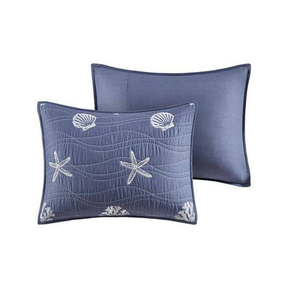 V Berth Boat Bedding - Seaside 4 Piece Cotton Navy Blue Reversible Embroidered Quilt Set with Throw Pillow