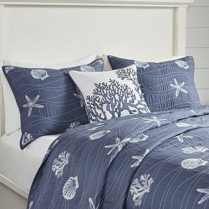 V Berth Boat Bedding - Seaside 4 Piece Cotton Navy Blue Reversible Embroidered Quilt Set with Throw Pillow