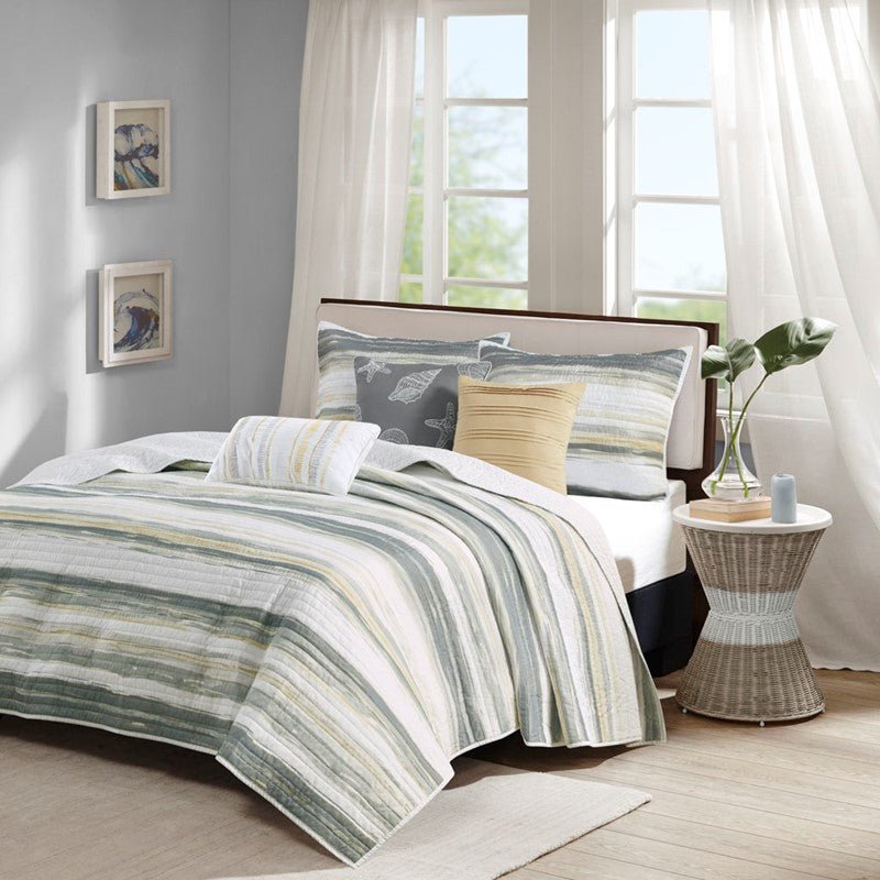 Queen Beach Quilt Set - Marina Yellow And Grey Hues 6PC - Beach Themed Bedding Set - Quahog Bay Bedding
