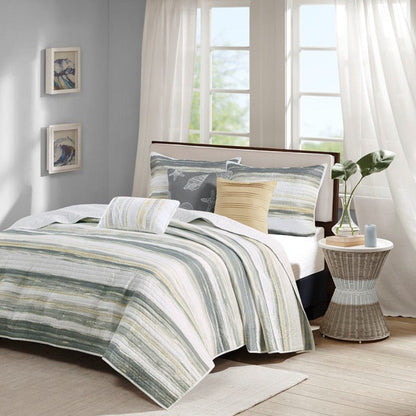 Queen Beach Quilt Set - Marina Yellow And Grey Hues 6PC - Beach Themed Bedding Set - Quahog Bay Bedding