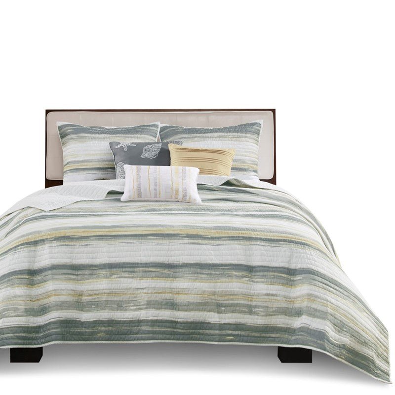 Queen Beach Quilt Set - Marina Yellow And Grey Hues 6PC - Beach Themed Bedding Set - Quahog Bay Bedding