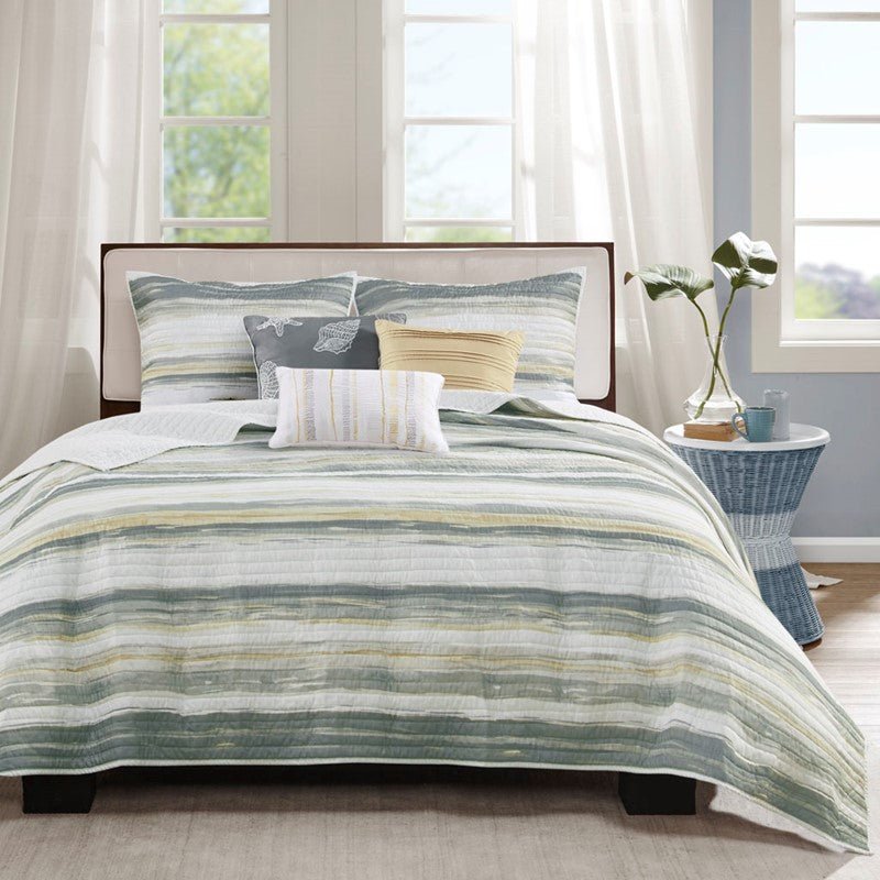 Queen Beach Quilt Set - Marina Yellow And Grey Hues 6PC - Beach Themed Bedding Set - Quahog Bay Bedding