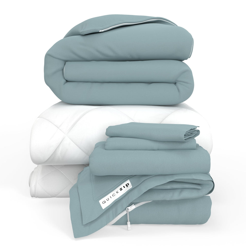 QuickZip Fresh Bed Bundle - Base, Pad, Sheet Set, Duvet And Comforter - Twilluxe Flannel - Quahog Bay Bedding