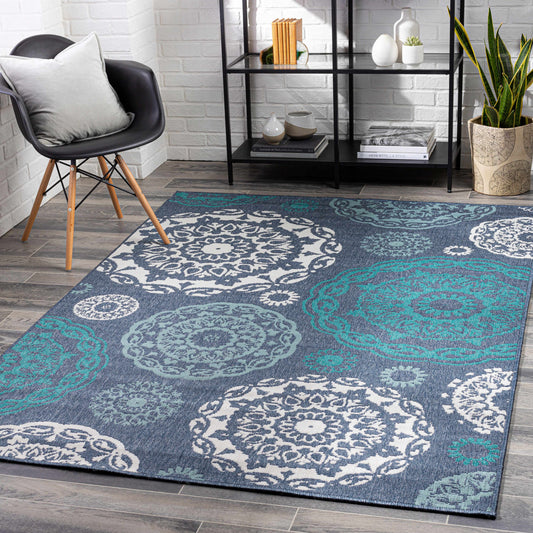 RUG SALE! Reasnor Area Rug - 	Teal, White, Navy, Pale Blue - Coastal Medallion Rugs - Clearance