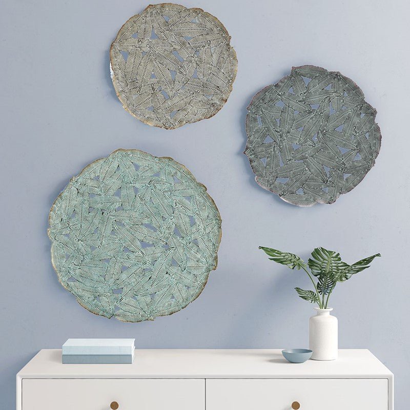 Rossi Textured Feather 3 - piece Metal Disc Wall Decor Set - Blue - Quahog Bay Bedding