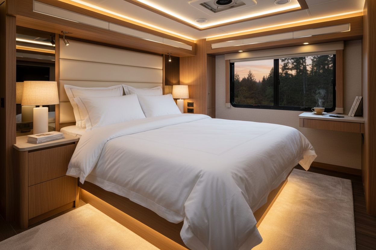 RV interior bedroom with premium sheets