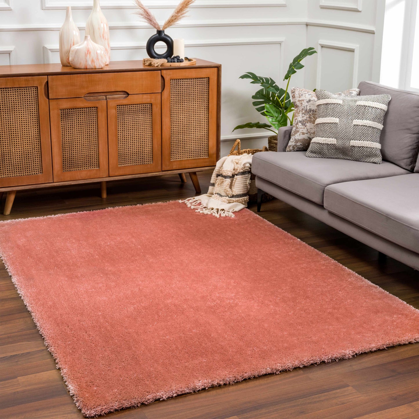 Rosava Dusty Pink Subtle Wavy Abstract Modern Minimalist Polyester Machine Woven Area Rug - Clearance