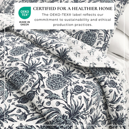 Nautical Printed Cotton Quilt Set - Navy & White Pineapple Themed Bedding