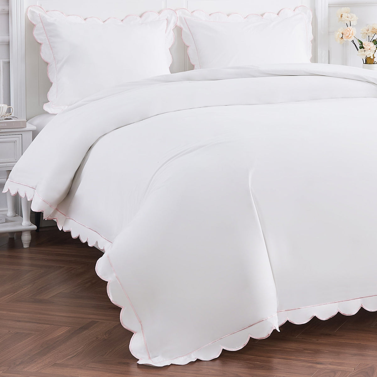 Scallop Frame Embroidered Cotton Percale Duvet Set - Quahog Bay Bedding