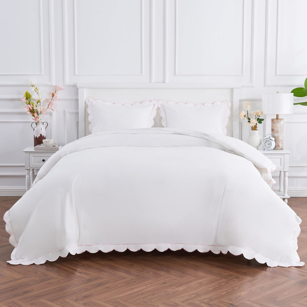 Scallop Frame Embroidered Cotton Percale Duvet Set - Quahog Bay Bedding
