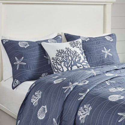 Seaside Coastal 100% Cotton Lightweight Navy Blue Embroidered Quilt Set