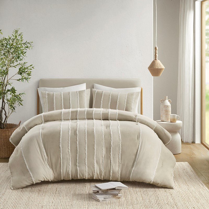 Shay 3 Piece Striped Cotton Comforter Set | Coastal Comforter Set | Taupe - Quahog Bay Bedding