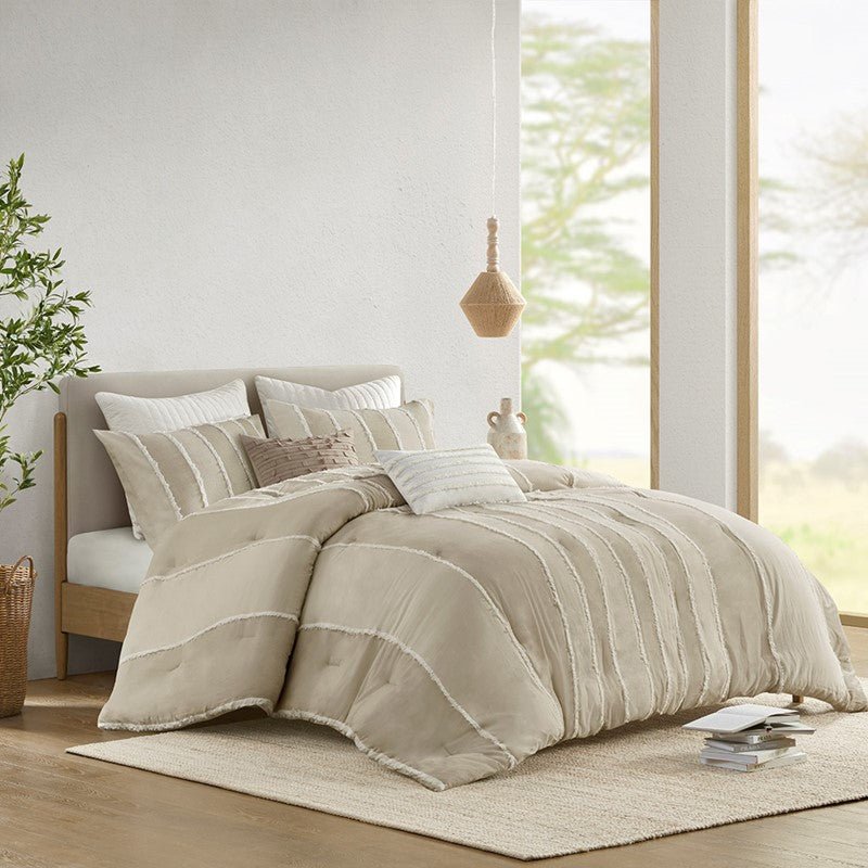 Shay 3 Piece Striped Cotton Comforter Set | Coastal Comforter Set | Taupe - Quahog Bay Bedding