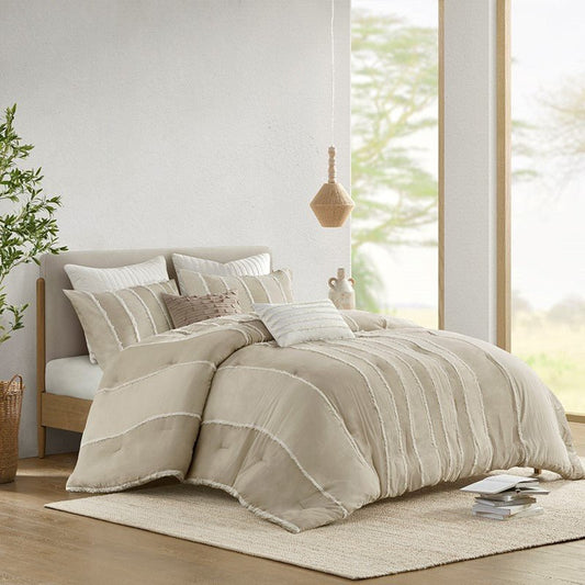 Shay 3 Piece Striped Cotton Comforter Set | Coastal Comforter Set | Taupe - Quahog Bay Bedding