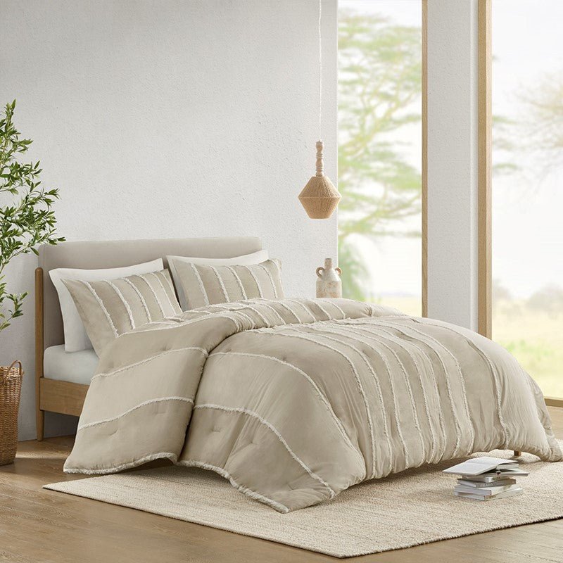 Shay 3 Piece Striped Cotton Comforter Set | Coastal Comforter Set | Taupe - Quahog Bay Bedding
