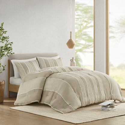 Shay 3 Piece Striped Cotton Comforter Set | Coastal Comforter Set | Taupe - Quahog Bay Bedding