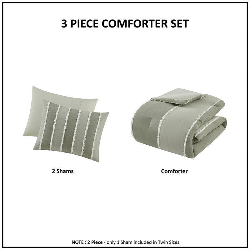 Shay 3 Piece Striped Cotton Comforter Set | Green Bedding Set | Sage - Quahog Bay Bedding
