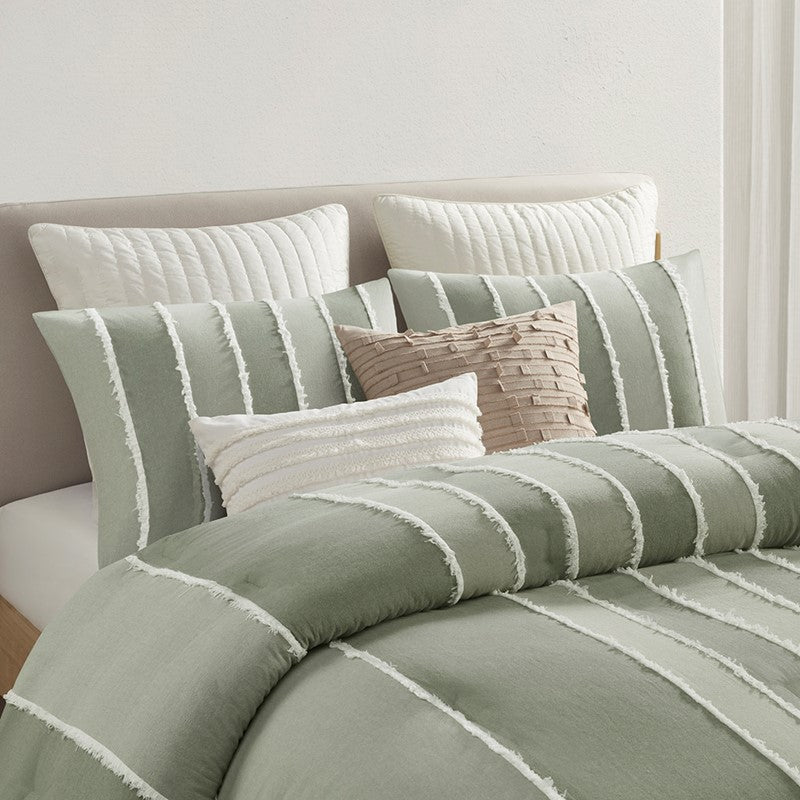 Shay 3 Piece Striped Cotton Comforter Set | Green Bedding Set | Sage - Quahog Bay Bedding