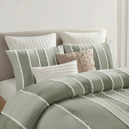 Shay 3 Piece Striped Cotton Comforter Set | Green Bedding Set | Sage - Quahog Bay Bedding