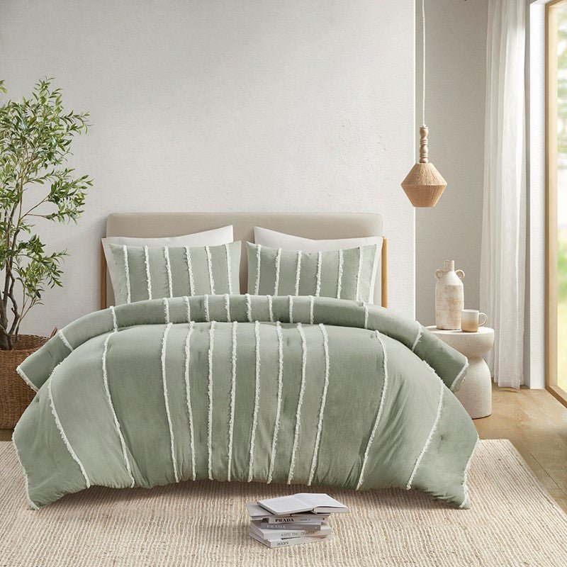 Shay 3 Piece Striped Cotton Comforter Set | Green Bedding Set | Sage - Quahog Bay Bedding