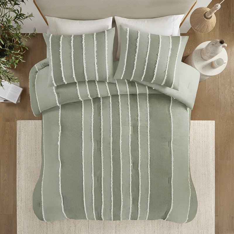 Shay 3 Piece Striped Cotton Comforter Set | Green Bedding Set | Sage - Quahog Bay Bedding