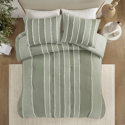 Shay 3 Piece Striped Cotton Comforter Set | Green Bedding Set | Sage - Quahog Bay Bedding