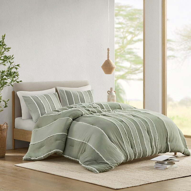 Shay 3 Piece Striped Cotton Comforter Set | Green Bedding Set | Sage - Quahog Bay Bedding