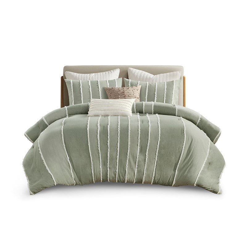 Shay 3 Piece Striped Cotton Comforter Set | Green Bedding Set | Sage - Quahog Bay Bedding