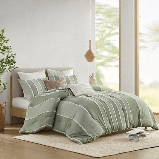 Shay 3 Piece Striped Cotton Comforter Set | Green Bedding Set | Sage - Quahog Bay Bedding
