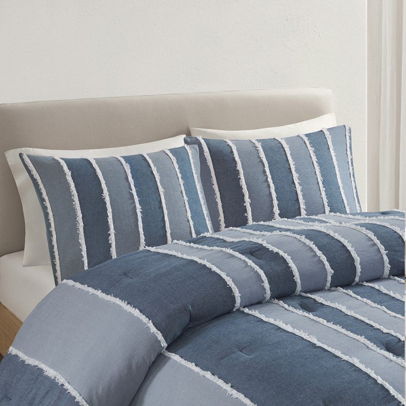 Shay 3 Piece Striped Cotton Comforter Set | Nautical Bedding Set | Blue - Quahog Bay Bedding