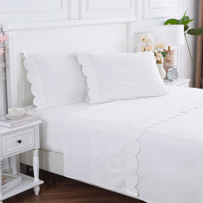 Coastal Scalloped Edge Embroidered 300TC Cotton Percale Sheet Set