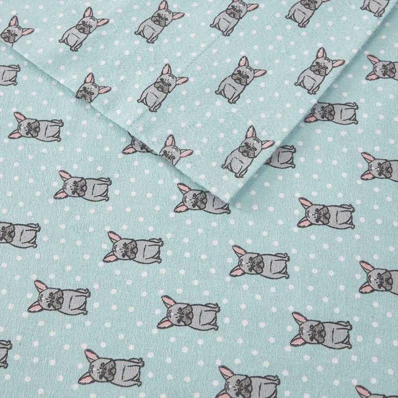 Sleep Philosophy Flannel 100% Cotton Flannel Sheet Set - Aqua French Bulldogs - Quahog Bay Bedding