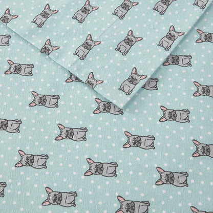 Sleep Philosophy Flannel 100% Cotton Flannel Sheet Set - Aqua French Bulldogs - Quahog Bay Bedding