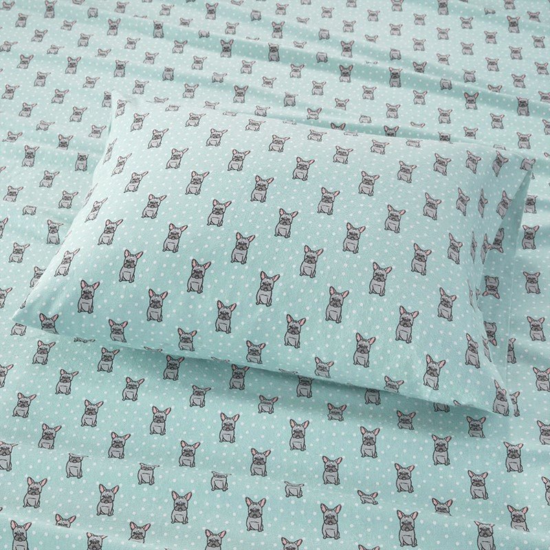 Sleep Philosophy Flannel 100% Cotton Flannel Sheet Set - Aqua French Bulldogs - Quahog Bay Bedding