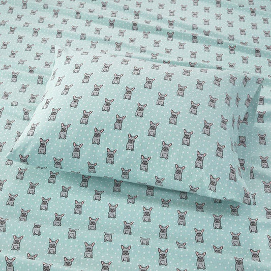 Sleep Philosophy Flannel 100% Cotton Flannel Sheet Set - Aqua French Bulldogs - Quahog Bay Bedding