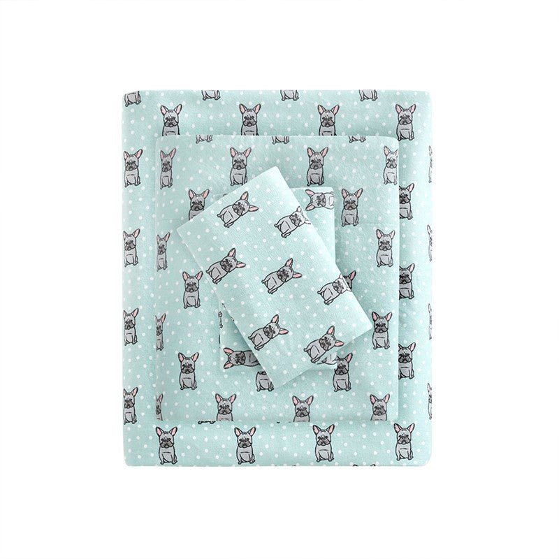 Sleep Philosophy Flannel 100% Cotton Flannel Sheet Set - Aqua French Bulldogs - Quahog Bay Bedding