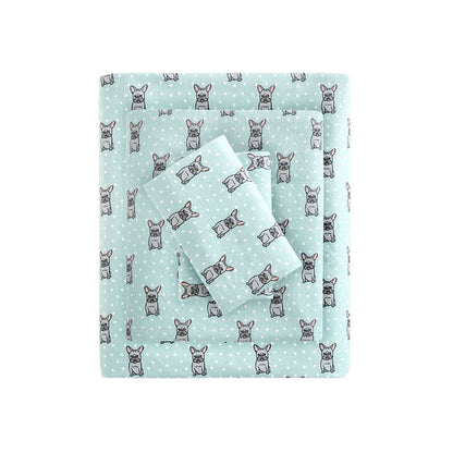 Sleep Philosophy Flannel 100% Cotton Flannel Sheet Set - Aqua French Bulldogs - Quahog Bay Bedding